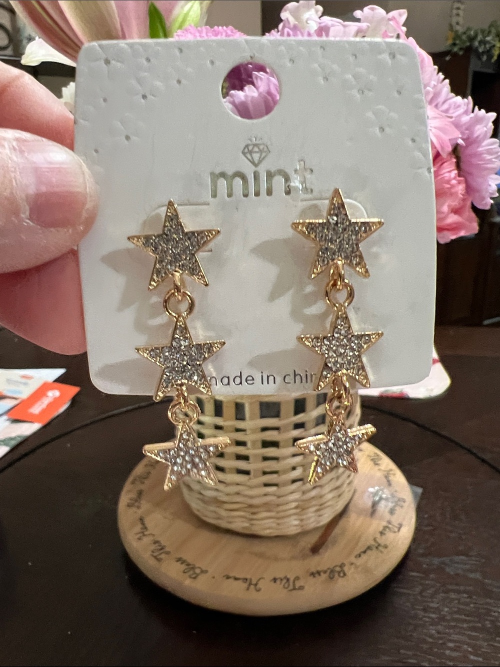 New Mint Gold-Tone Triple Star Drop Earrings with Silver Glitter
